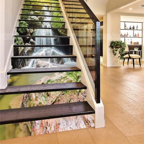 FLFK 3D Wasserfall Natürlich Landschaft Selbstklebend Treppe Aufsteher Wandmalerei Vinyl Abziehbild Tapezieren Aufkleber 39.3Zoll x7.08Zoll x 13stücke