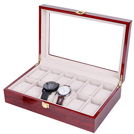 Watch Box Wooden 12 Slots Watch Jewelry Display Storage Case with 12 Removal Storage Pillows Showcase Organiser Glass Top and Metal Clasp for Men Women