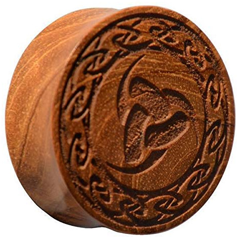 CHICNET Damen Herren Plug Flesh Tunnel Lobe Piercing Dehner aus Teakholz Holz, Gravur Odins Horn Knoten Rand, Double Flared, 22mm bis 30mm 26 mm