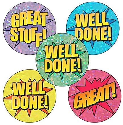 150 Mixed Holographic Sparkly Comic Book Pop Art Well Done Great Stuff Childrens Pupils School Praise Teachers Reward Stickers 25mm Primary Teaching Services