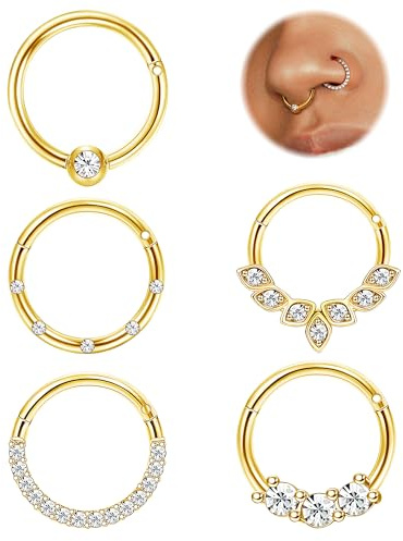 CASSIECA 5 stycken näspiercing ring guld silver näspiercing kirurgiskt stål, Rostfritt stål | 16 g 8 mm septum piercing silver guld zirkonia kreoler näsringar helix tragus daith piercing klicker örhängen smycken