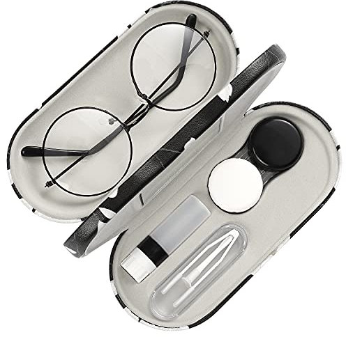 MoKo Étui à Lunettes Double Couche, 2 en 1 Boîte à Lunettes de Soleil Lentilles de Contact, Sac Lunettes Portable Voyage avec Miroir, Étui Ultra Léger de Rangement pour Femme, Noir + Magnolia Blanche