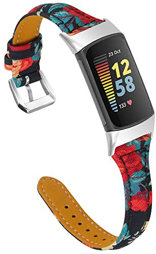Chofit Straps Compatible with Fitbit Charge 5 Strap, Slim Leather Flower Printing Wristband Replacement Bracelet Adjustable Arm Band for Charge 5 Activity Tracker (F)