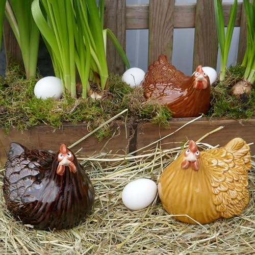 Storm's Gartenzaubereien 3 Deko Hühner - Huhn aus Keramik braun für die Frühling Osterdeko im Garten