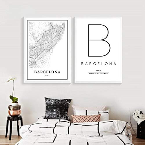 Barcelona Karta Skriv ut Spanien Espana City Street Vägkarta Affisch Modern Canvastavla Svart Vit Bild Väggkonstdekor 30x45cm-2 stycken Ramlös