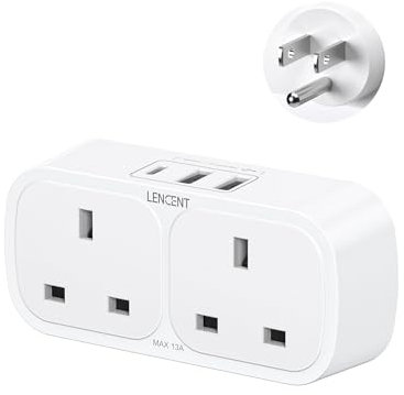 LENCENT UK to US USA Plug Adaptor with 1 Type C and 2 USB Ports, 2 Way Grounded America Travel Adapter for the United States, Mexico, Canada, Thailand, the Philippines and More (Type B)