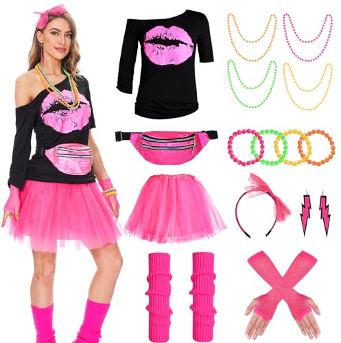 Herefun 80er 90er Jahre Kostüm Damen, Outfit 80er 90er Jahre Damen Karneval Retro Party Kostüm, 80er Jahre Mottoparty Tutu mit T-Shirt Bauchtasche Ohrring Halskette Netzhandschuhe