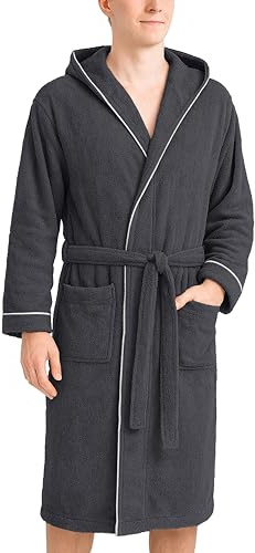 LAYNENBURG Bademantel Herren Frottee - Kapuze - Lang - 100% Baumwolle (360g/m2) - OEKO TEX Standard 100 - Größe (XXL, Anthrazit)