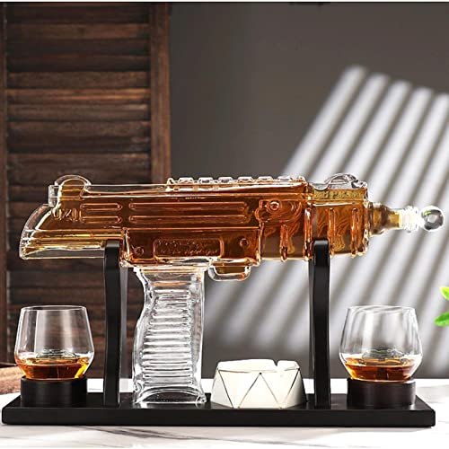 SARGE 3PCS Maschine Whisky Glas Weinbehälter Set Dekanter Glas Weinbehälter Weinbehälter mit 2 Tassen 1 Kiefernholz Halter
