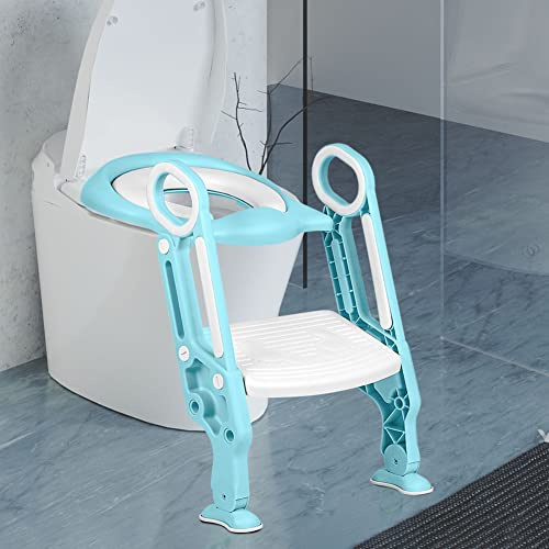 Toilettensitz Kinder mit Treppe, Kinder Toilettensitz Toilettentrainer, Weicher WC Sitz, Faltbar Kindertoilette WC Sitz Töpfchentrainer für V-, U- oder O-förmige Toiletten (Weiß-hellblau)