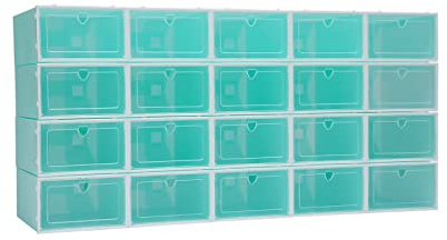 MINUS ONE Transparente Farbe Stapelbare Schuhkarton Schuhbox, 20 Set, Schublade Faltbare Plastik Aufbewahrungsbox mit Deckel, Schuhaufbewahrung Schuhorganizer for Damen und Herren (Grün)
