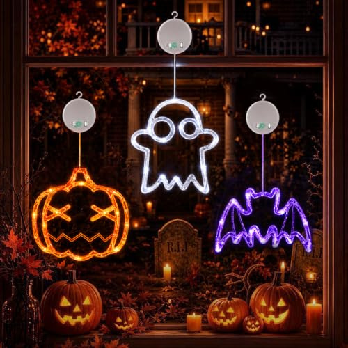 LOLStar Halloween Deko 3er-Pack Orange Kürbis weißes Geist lila Fledermaus Fensterlichter mit Saugnapf, batteriebetriebene Innenbeleuchtung für Halloween, langsamer Fade-Modus und Timer-Funktion