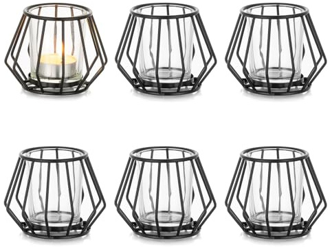 Romadedi Teelichthalter Metall Schwarz, 6er Set mit Glas | Kleine Windlichter für Teelichter und Votivkerzen, für Wohnzimmer, Schlafzimmer, Esstisch und Tischdeko
