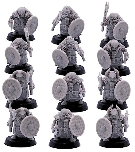 Jeu de miniatures Dwarf Longbeards - 12 nains avec hache et bouclier pour RPG fantaisie | Modèles de jeux de guerre à l'échelle de 28 mm | DnD, Pathfinder, jeux de société | Miniatures Kyoushuneko |