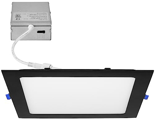 Maxxima 8 in. 5 CCT Square Recessed LED Downlight, 1400 Lumens, Slim Flat Panel Color Selectable (2700K/3000K/3500K/4000K/5000K), Dimmable, Canless IC Rated, Black Trim, J-Box Included