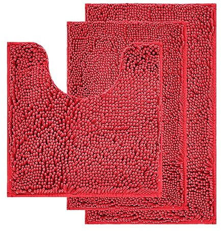 Reyox Chenille Badezimmerteppich Set 3 Teilig, Badvorleger rutschfest Waschbar, Weicher Absorbierende Badematte Rot