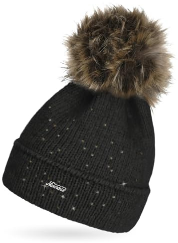 Neverless® Damen Strick-Mütze mit Fellbommel und Innenfutter Fleece Kunstfell Bommelmütze Glitzer-Effekt Umschlag