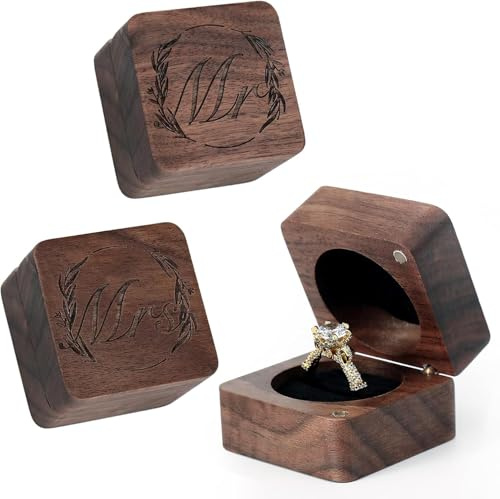 Drnilui Ring Box, Wooden Ring box for Wedding Ceremony Ring Bearer Box, Engagement Ring Holder Gift for Anniversaries day, Birthday Gift (Mr. and Mrs - 2 PCs)
