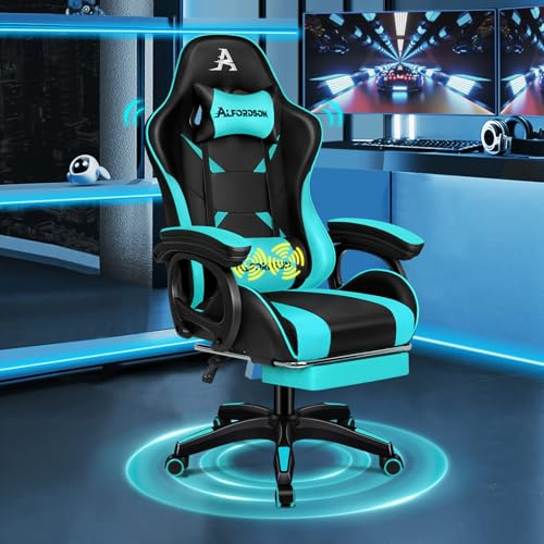 ALFORDSON Gamingstuhl, Bürostuhl, mit 2-Punkt-Massage, Fußstütze, Kopfstütze und Lendenkissen, 150° verstellbare Rückenlehne, PU-Leder, Cyan