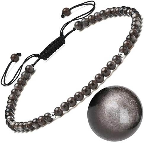 Apocalyptic-K Damen Naturstein Fußkettchen, 4MM, 9,45-10,45 Zoll. 925 Silber/Gold, Handgewebt (Silber Obsidian Fußkettchen, 4MM)