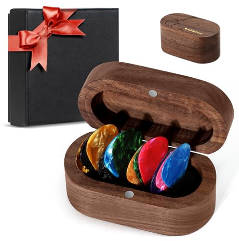 DoubleCare Juego de estuche para púas de guitarra de nogal con 12 celuloides en 3 grosores, soporte para púas de guitarra premium, mini caja de joyería, regalo de bajo para hijo, madre, padre, amigo
