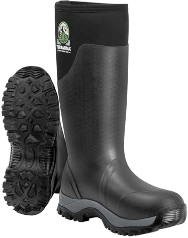TerraTrax Men's Waterproof Insulated Rubber Hunting Boots – 6mm Neoprene Rain Boots for Outdoor Work, Fishing, Farming & Gardening Black Size 10