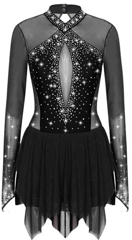 iEFiEL Glitzer Eiskunstlauf Kleid Damen Langarm Kürkleid Strasssteine Rollkunstlaufkleid Leotard Tanzanzug Wettbewerb Tanzkostüm Xb Schwarz S