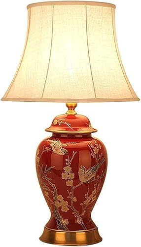 noarjaer Floral Table Lamp Red Flowers and Birds Ceramic Table Lamp Vintage Asian Chinese Style Ginger Jar with White Drum Shade Decor Bedside Nightstand for Living Room Bedroom House Home Office