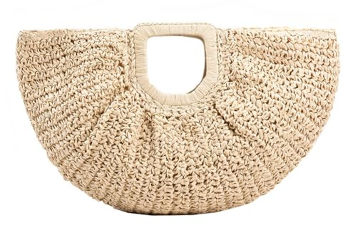 GETBSTOOP Damen Handgefertigte Stroh-Einkaufstasche, große Kapazität, Vintage-Stil, gewebte Handtasche, einfarbig, einfache Weberei, Handgelenktasche, weibliche Alltagstasche