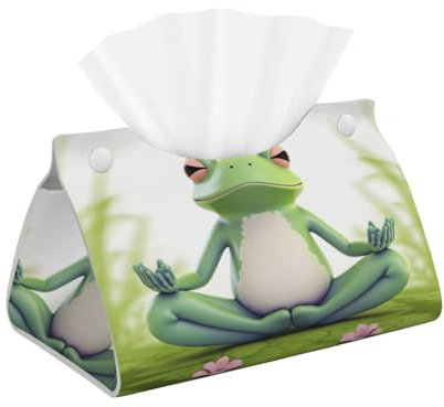 Niedlicher lustiger Frosch beim Yoga bedruckte Taschentuchbox-Abdeckung, stilvoller Leder-Tuchpapierhalter für Zuhause, Hotel, Auto, Büro, Dekoration