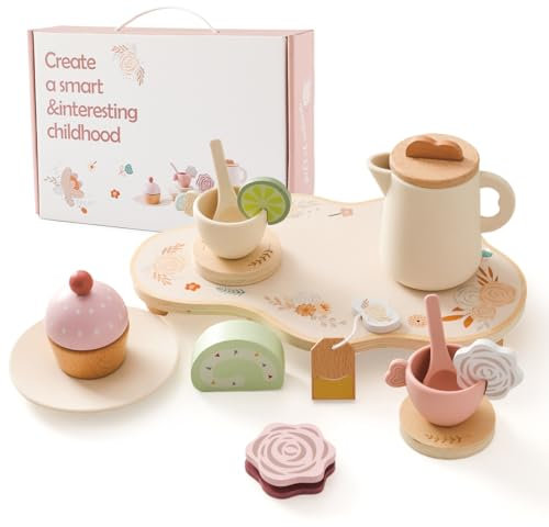 Mamimami Home Kinderküchen Teeset aus Holz Silikon 14 Stück, Tee Kinderspielzeug, Teeparty Rollenspielgeschirr, Spielküchen Teeset Spielzeug, Geschenk für Mädchen und Kleinkinder über 3 Jahre, Khaki