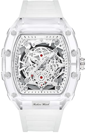 RORIOS Durchsichtig Tonneau Armbanduhren für Herren Analog Quarz Herrenuhren Mode Silikon Uhr Leuchtend Datum Kalender Uhr für Männer Weiß