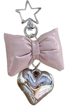 Haoyull Handgemachter Schlüsselanhänger mit zarter Herzschleife, Stern-Dekoration, Handyanhänger und Handtaschen-Anhänger, Rosa, 9cm