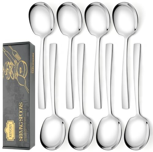 Keyoxy 8 Piece Stainless Steel Serving Spoons Set - 8 Large Spoons, 9.2-Inch, Dishwasher Safe, for Parties/Kitchen/Buffet/Catering