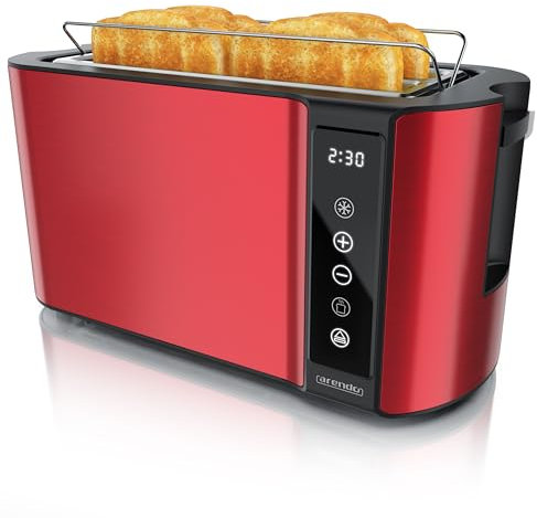 Arendo - Edelstahl Toaster Langschlitz 4 Scheiben- Touchscreen – Doppelwandgehäuse – Integrierter Brötchenaufsatz – 7 Bräunungsgrade – Brotzentrierung – Restzeitanzeige – Memoryfunktion - Rot Metallic