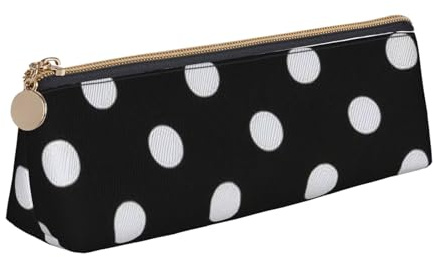 JUEXDEME Federmäppchen aus Leder, mit großem Punkt, schlankes Design, Stifteetui mit metallischem Reißverschluss, für Studenten, Büro, Universität, Mittelschule, Schwarz und Weiß, weiß, Einheitsgröße,