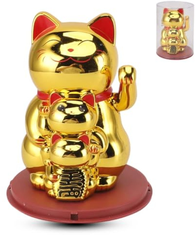 Jwthee Feng Shui Glückskatze, Gold Waving Lucky Fortune Cat Chinese Good Luck Cat Waving Arm für Glück Geld und Glück, Solar Powered Cute Waving Cat für Home Display Car Decor
