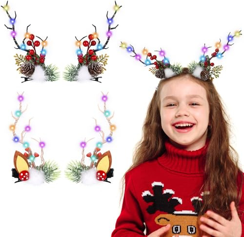 Beipegin 2 Paare Haarreif Weihnachten Led,Weihnachts Haarschmuck Hirschgeweih Haarclips Kopfschmuck LED Weihnachtshaarspangen Leuchtend für Mädchen Kinder Damen Weihnachtsfeier Festival