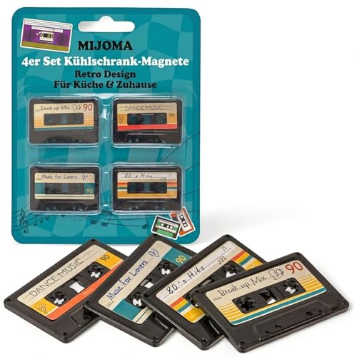 MIJOMA 4er Kühlschrankmagnete Retro Kassette – für Notizen Fotos Einkaufslisten – Kunststoffgehäuse im Vintage Stil – Deko für Küche Büro Magnettafel
