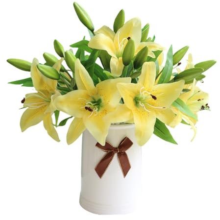 TONGMAN 6 Bundles Artificial Tiger Lily Flowers White Touch Lilies Flower Bouquet Faux Floral Table Centerpieces Arrangement for Wedding Home Party Garden Office Decor (Yellow)