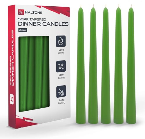 Haltons Tapered Dinner Candles - Unscented Long Candlesticks, 7-Hour Burn Time - Clean-Burning White, Green, Ivory, or Red Taper Candles - Elegant Design for Events, Weddings, and Home Decor (50 Pack)