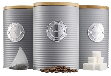 Cooks Professional 3 Piece Ribbed Tea, Coffee, & Sugar Cannisters with Air-Tight Bamboo Lids | Stainless Steel Kitchen Storage Bin Set | Modern & Stylish | Grey & Silver