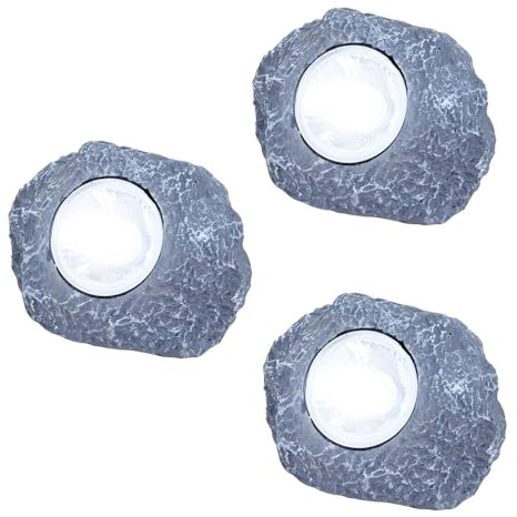 3er Set LED Solar Außenleuchte Stein grau Garten Dekoleuchte Gartenlampe Außendekoration