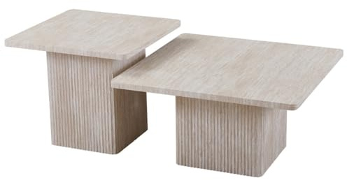 Meublorama Set 2 Tables Basses gigogne Eden – Travertin Beige – H52/42 x L80/60 x P80/60 cm – Style Moderne