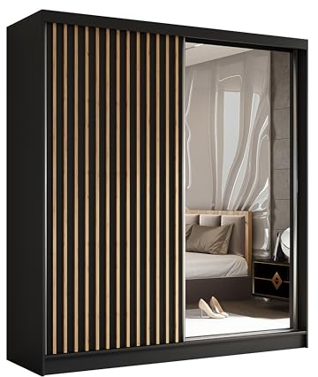 AXLIVING Cabinio Schwebetürenschrank Schwarz Artisan mit Spiegel 200 cm für Schlafzimmer