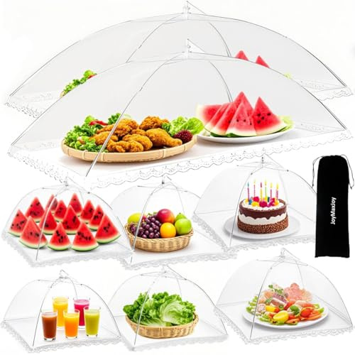 8PCS Mesh Food Covers, Pop Up Food Umbrella Tent Covers, Fruit Cake Net Domes 100×60cm & 43×43cm for Outdoors, Screen Tents, Parties Picnics, BBQs, Dishes Reusable and Collapsible (White (2+6))