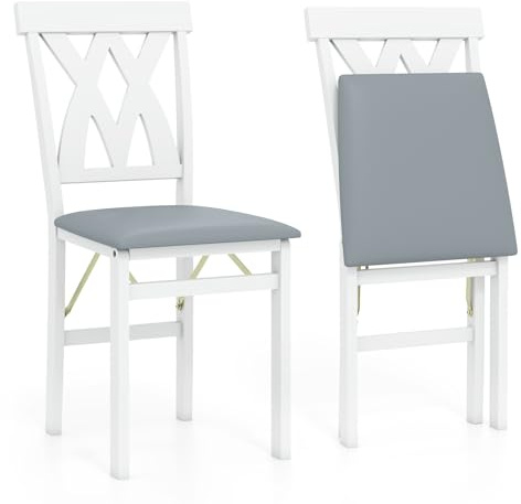 COSTWAY Folding Chair Set of 2, Rubber Wood Counter Dining Chairs with PVC Leather Seat & Backrest, Upholstered Kitchen Office Conference Seats, 150kg Weight Capacity (Gray+White)