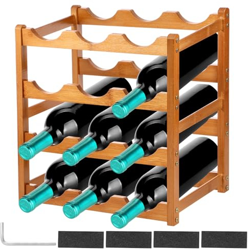Jokapy 4 Tier Wood Wine Rack 12 Bottles Wine Storage Holder Free Standing Wine Display Rack for Countertop Strong Load Bearing Liquor Storage Shelf for Bar Kitchen Pantry Dining Room