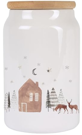 Kilala Weihnachtliche Keksdose aus Keramik mit Holzdeckel – Luftdicht, 650 ml, mit Winterlichen-Motiv und Spruch – für Plätzchen & Süßigkeiten (Winderdorf)