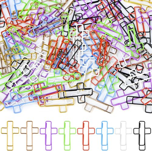 luckaide 100 Stück Büroklammern, Kreuz Büroklammern Groß Bunt Motiv Klammern Metall Paper Clips Kreuzform Briefklammern Macaron-Farben Papierklammern Christentum Büro Schule Kreuzklammern